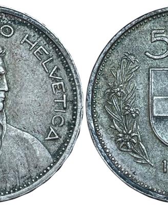 Svizzera. Helvetia. AR 5 Franchi 1949 B. Argento