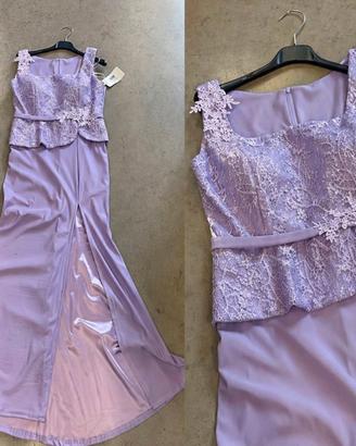 Vestito lungo lilla in pizzo, elegante con spacco