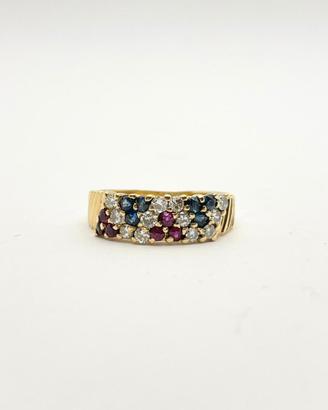 Anello oro 18KT con diamanti, zaffiri e rubini.