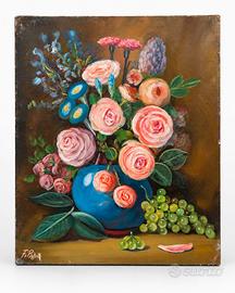 Rose in vaso blu con uva - olio su tela 50x40