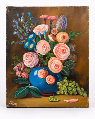 Rose in vaso blu con uva - olio su tela 50x40