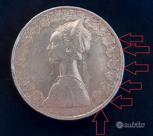 500 lire argento con conio di dritto disallineato
