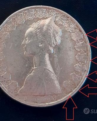 500 lire argento con conio di dritto disallineato