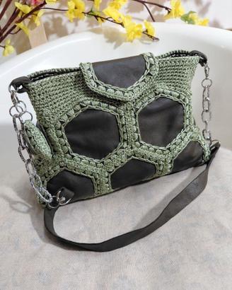 Borsa artigianale esagoni in vera pelle verde