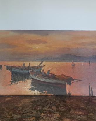 Quadro olio su tela – Marina con barche - tramonto