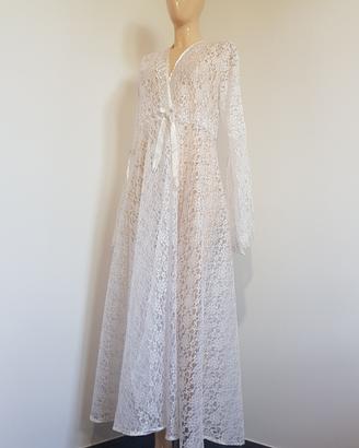 Maxi vestaglia vintage in pizzo bianco peignor