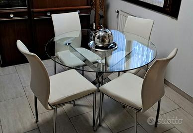 Tavolo rotondo in vetro e 4 sedie in pelle