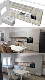 Cucina lineare con elettrodomestici, frigo e tavol