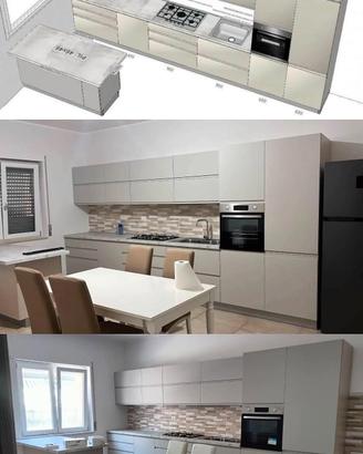 Cucina lineare con elettrodomestici, frigo e tavol