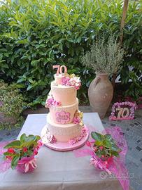 70 ANNI torta scenografica Rose e fiori di pesco