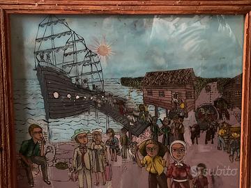Quadro vintage dipinto su vetro stile naïf 64x52