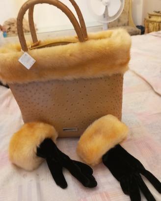 borsa con guanti in bordi di pelliccia sintetica 