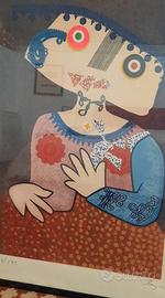 Serigrafia su tela con applicazioni di Enrico Baj