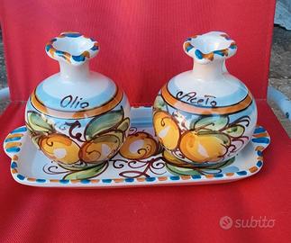 Caltagirone vera ceramica vintage set olio e aceto