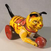 gatto meccanico anni 30/40 latta litografata/legno