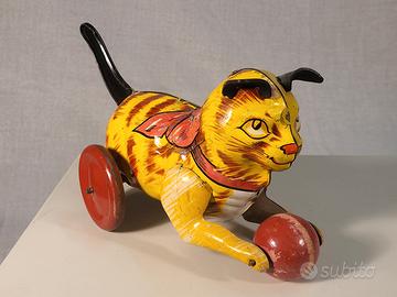 gatto meccanico anni 30/40 latta litografata/legno