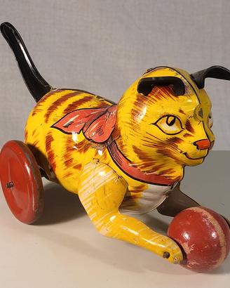 gatto meccanico anni 30/40 latta litografata/legno