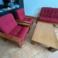 Set Salotto in Legno Massiccio e Tessuto Bordeaux