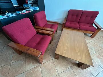 Set Salotto in Legno Massiccio e Tessuto Bordeaux