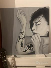 Quadro donna stile giapponese calligrafia bianco e
