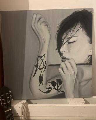 Quadro donna stile giapponese calligrafia bianco e