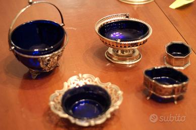 Set saliere vintage peltro e cristallo blu