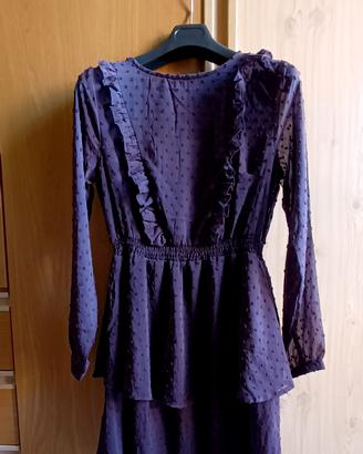 Vestito nuovo in tulle a pois viola, taglia 40