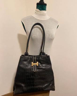 Borsa Tote Vera Pelle Nera Stampa Coccodrillo