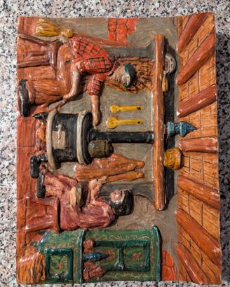 Quadro in Legno Intagliato a Mano - Scena Rustica
