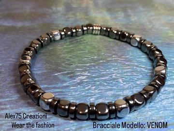 Bracciale artigianale ematite e acciaio Mod. VENOM