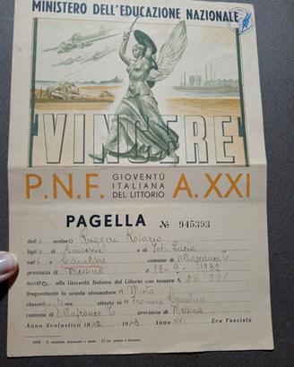 pagella scolastica Regno d'Italia 1942