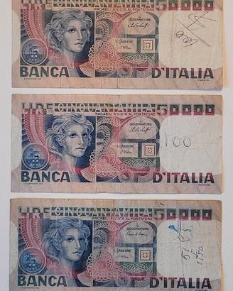 TRIS BANCONOTE 50000 LIRE VOLTO DONNA 1977-78-80