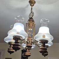 Lampadario a 4 Luci in Legno e Vetro Ottone