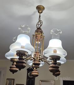 Lampadario a 4 Luci in Legno e Vetro Ottone