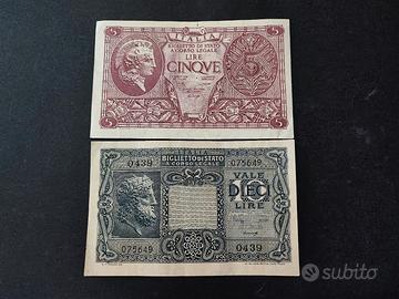 Coppia banconote 5 lire 10 lire Italia 1944