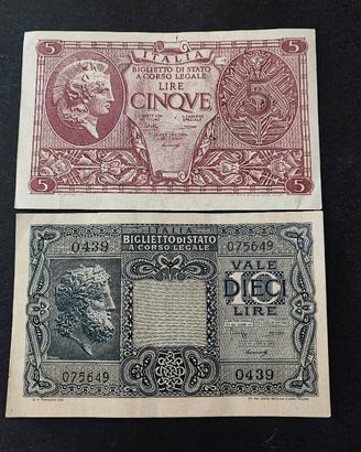 Coppia banconote 5 lire 10 lire Italia 1944