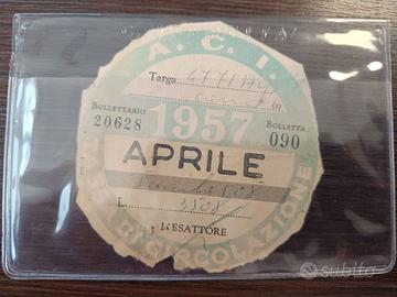 Tagliando Bollo Aci 1957 originale