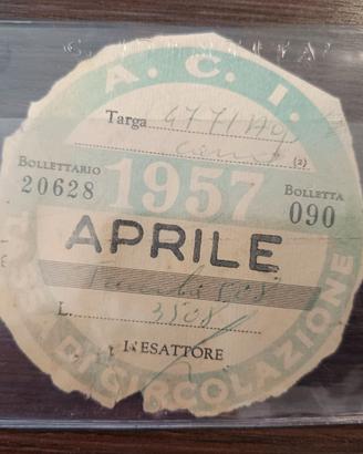 Tagliando Bollo Aci 1957 originale