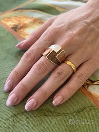 Anello Placato Oro e Smalto Bianco, Marrone, Rame