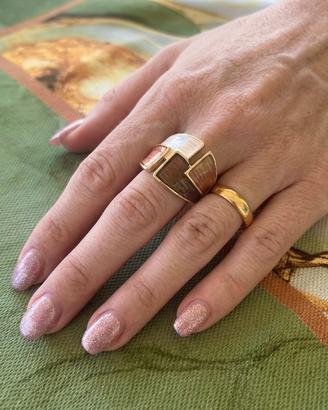 Anello Placato Oro e Smalto Bianco, Marrone, Rame