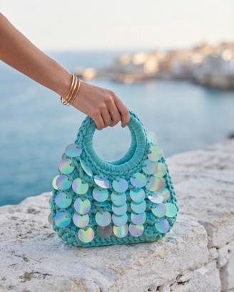 Borsa uncinetto turchese con paillettes