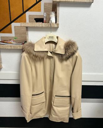 Giacca in vera pelle beige vintage con cappuccio44