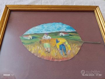 quadro dipinto su foglia vintage arte artigianato 