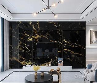 Carta da parati effetto marmo nero a venature oro