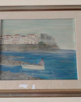 Dipinto olio su tela con cornice "barca sul mare" 