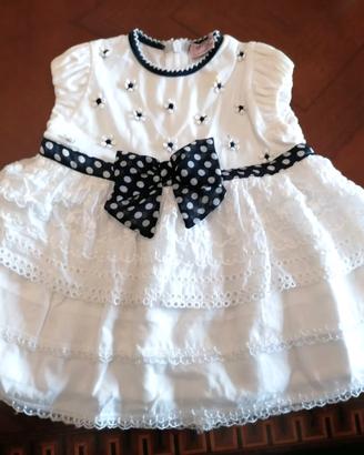 Vestito Monnalisa Bebè bianco blu fiocco pois 6m