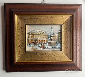 Quadro dipinto a mano piazza italiana con fontana