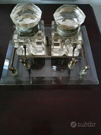 Calamaio doppio antico in cristallo e ottone 