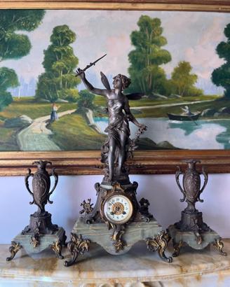 TRIS ANTICO DA CAMINO- Orologio e candelabri