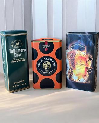 Set 3 scatole di latta da collezione per alcolici